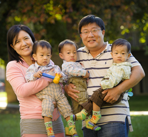 Wonil Kim and his wife, Jiyoung Choi, with their Triplets | Holy Cross Hospital | Maternity Services | Silver Spring, MD